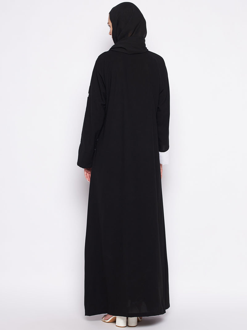 Nabia Black & White A-line Nida Matte Fabric Abaya For Women With Georgette Scarf