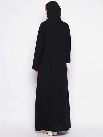 Nabia Black & White A-line Nida Matte Fabric Abaya For Women With Georgette Scarf