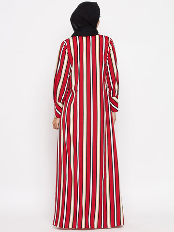 Nabia  Women Red Front Open Striped Abaya With Georgette Scarf