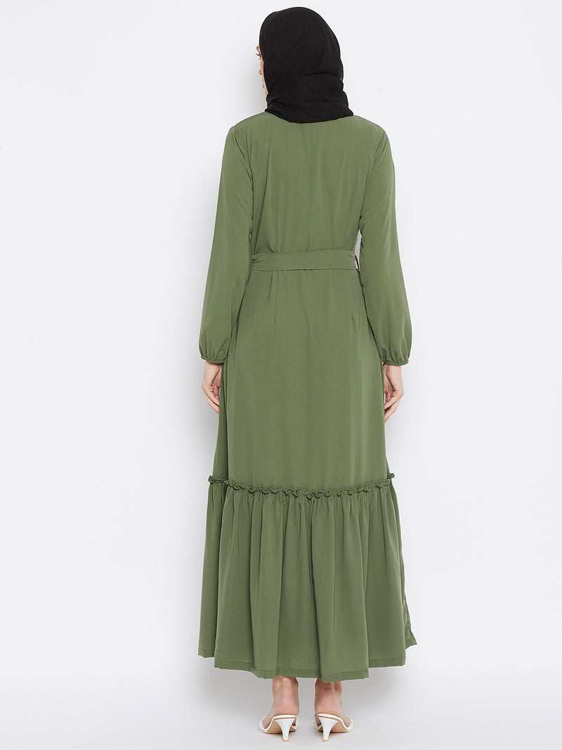 Nabia Women Jade Green Solid Frill Abaya With Georgette Scarf