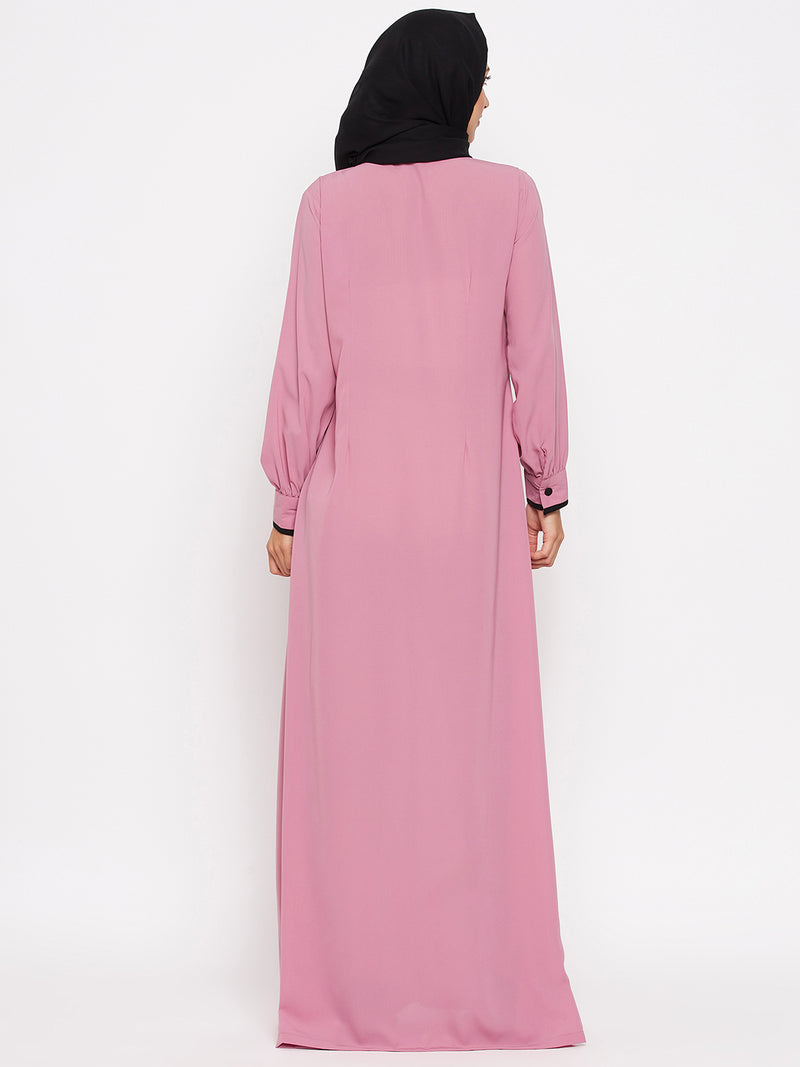 Nabia Women Fuse Pink Solid Piping Design Abaya Burqa With Georgette Scarf