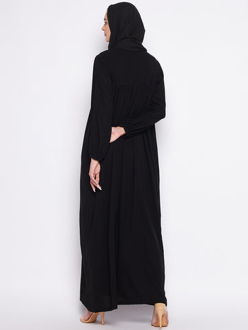 Nabia Black Nida Matte Fabric Embroidery Abaya For Women With Georgette Scarf