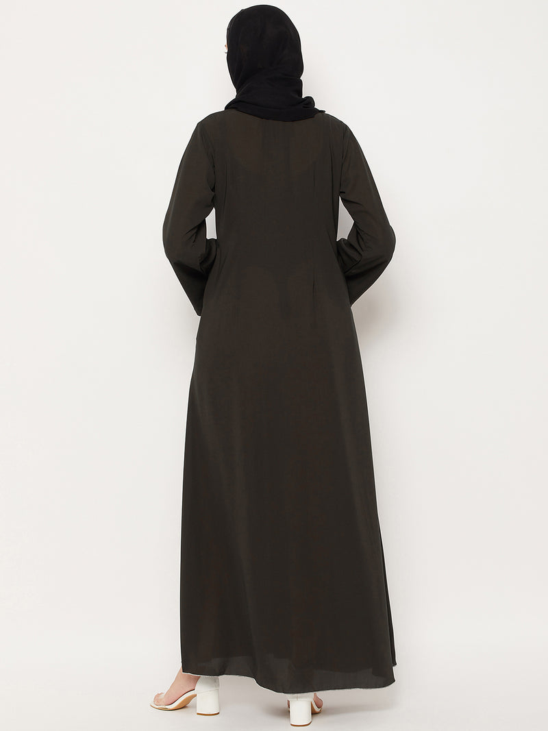 Nabia Olive Green Nida Matte Fabric Abaya With Georgette Scarf