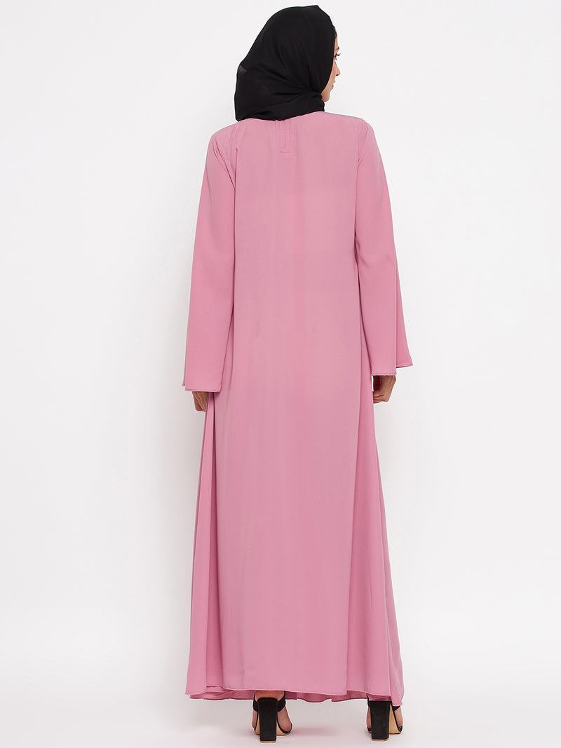 Nabia Women Fuse Pink Nida Matte Bell Long Sleeves Abaya With Georgette Scarf