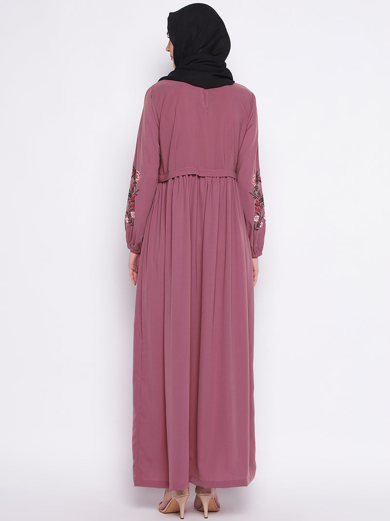 Nabia Puce Pink Nida Matte Fabric Embroidery Abaya For Women With Georgette Scarf
