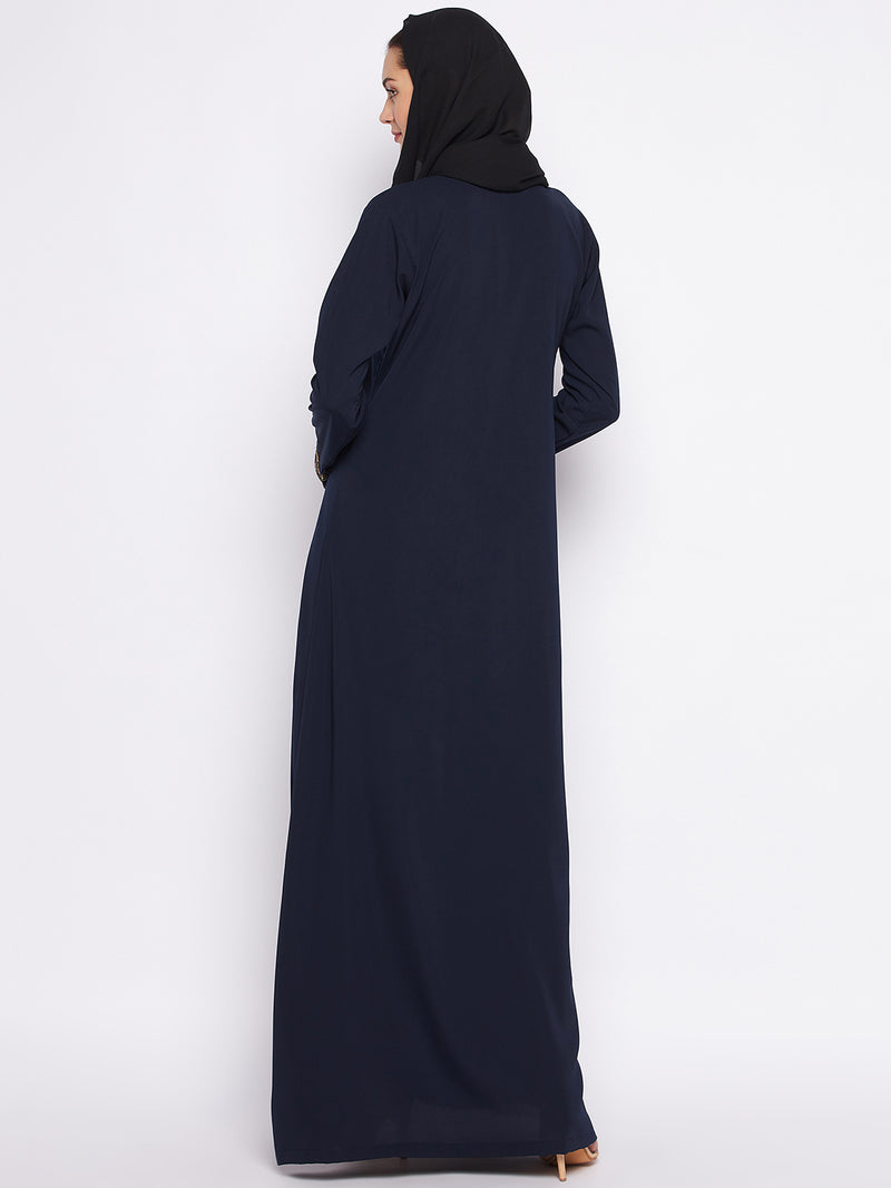 Nabia Blue Solid Nida Matte Fabric Abaya For Women With Georgette Scarf