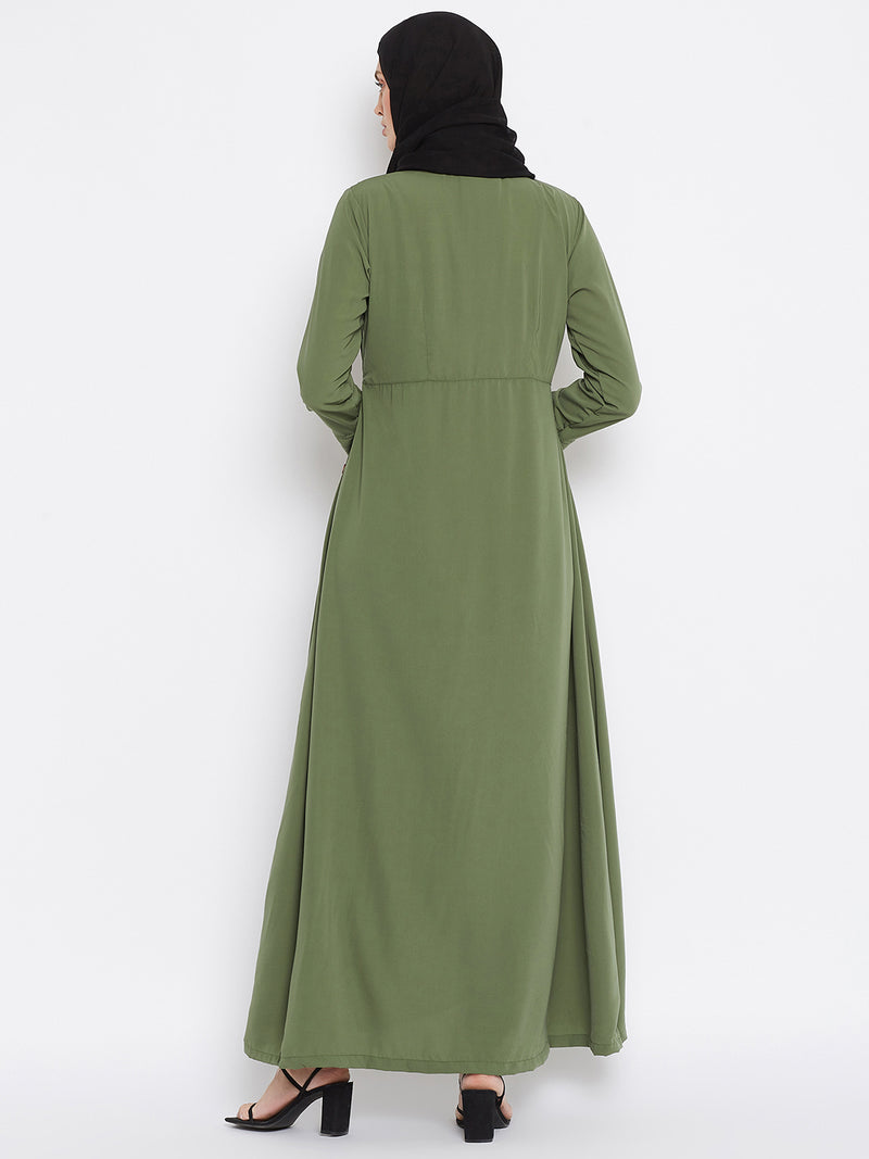 Nabia Women Jade Green Solid Yog Plate Abaya Drees With Georgette Scarf