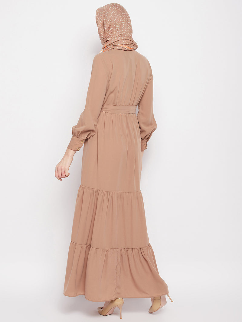 Nabia Women Beige Solid Frilled Nida Matte Fabric Abaya Burqa With Black Georgette Scarf
