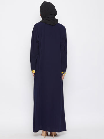 Nabia Women Blue Dubai Style Front Open Nida Matte Fabric Abaya with Georgette Scarf