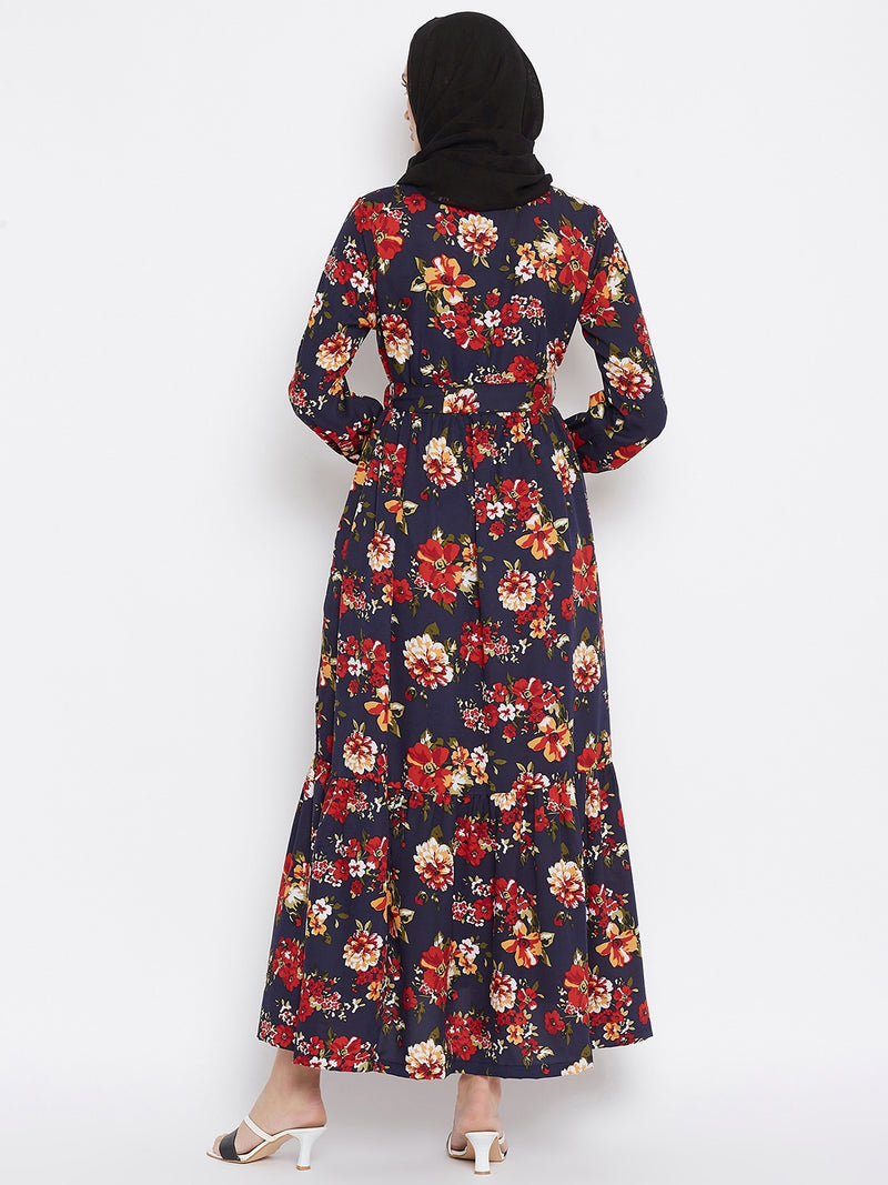 Nabia Women Blue & Red Floral Printed Crepe Two Frill  Abaya Dress With Georgette Scarf