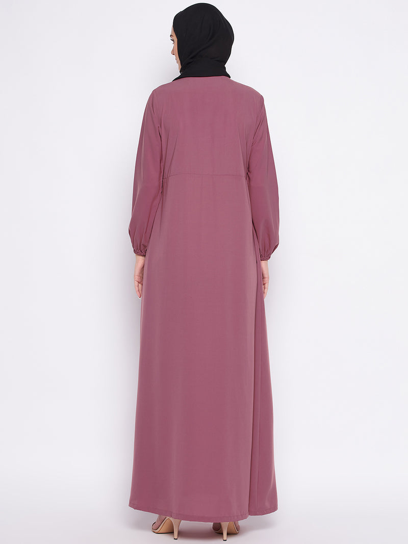 Nabia Puce Pink Nida Matte Fabric Lace Abaya For Women With Georgette Scarf