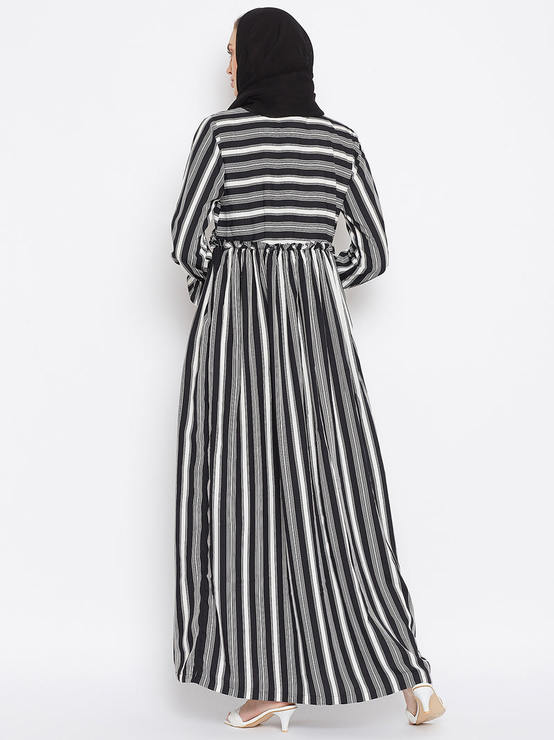 Nabia Women Black Solid Stripe Crepe Abaya Dress With Georgette Scarf
