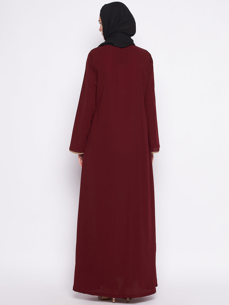 Nabia Maroon Nida Matte Fabric Piping Design Double Layer Abaya For Women With Georgette Scarf