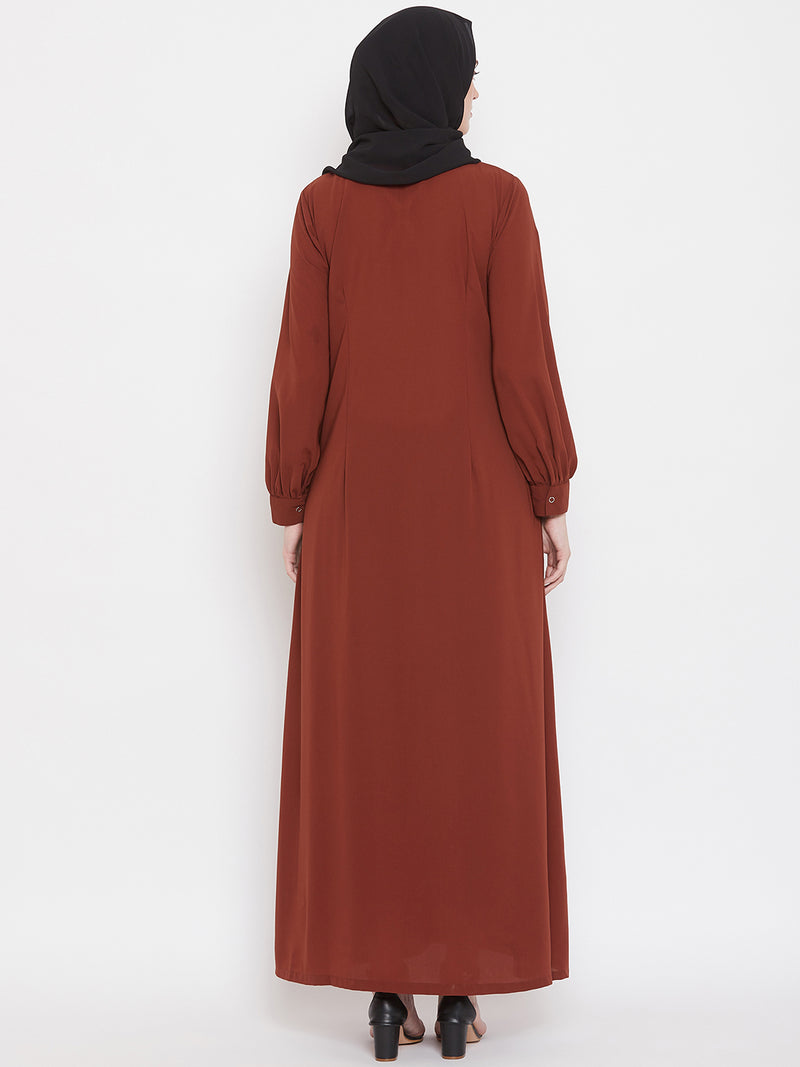 Nabia Women Rust Solid Front Open Abaya With Georgette Scarf