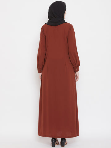 Nabia Women Rust Solid Front Open Abaya With Georgette Scarf