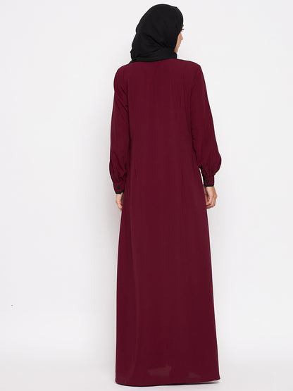 Nabia Women Maroon Piping Design Abaya/Burqa With Georgette Scarf