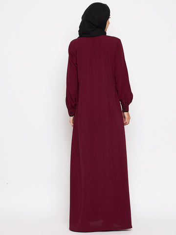 Nabia Women Maroon Solid Piping Design Abaya Burqa With Georgette Scarf
