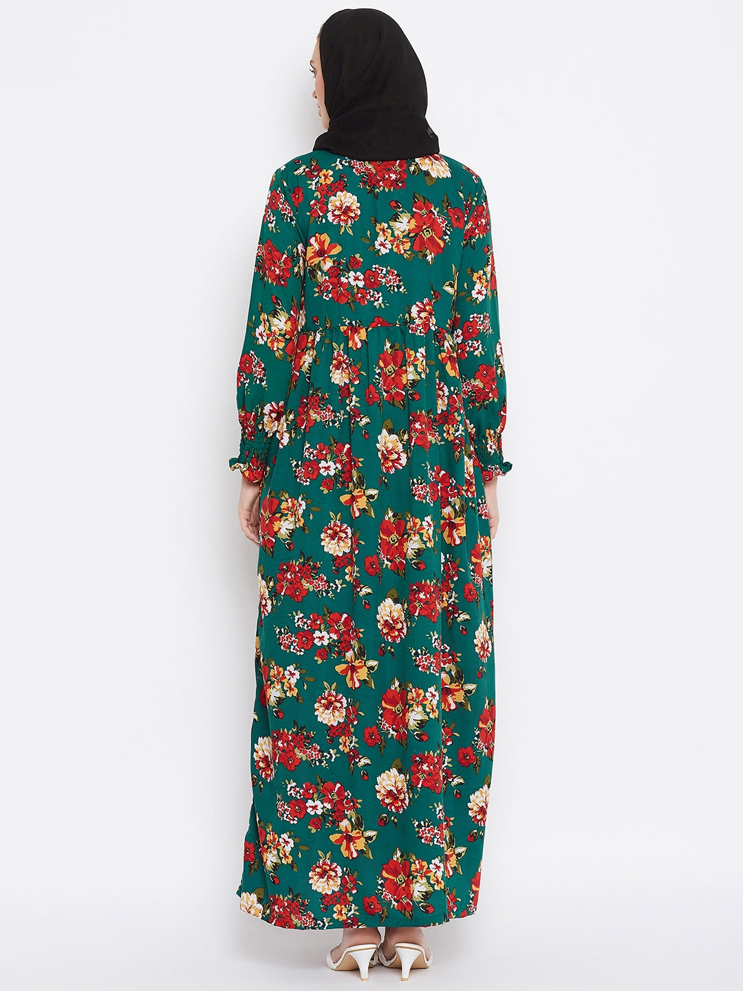 Nabia Women Bottle Green Floral Printed Crepe Abaya Dress With Georgette Scarf