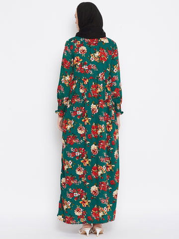 Nabia Women Bottle Green Floral Printed Crepe Abaya Dress With Georgette Scarf