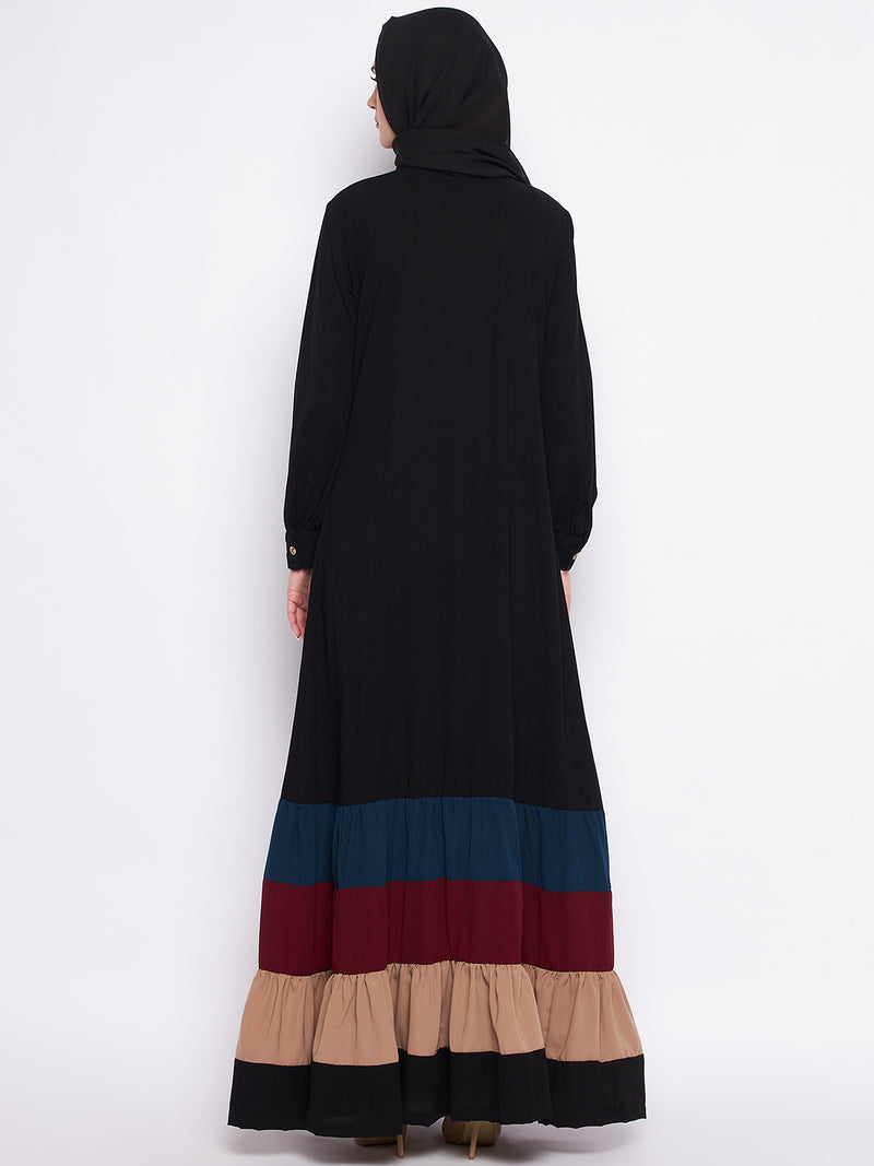Nabia Multi-Colored Nida Matte Fabric Front Open Abaya For Women With Georgette Scarf