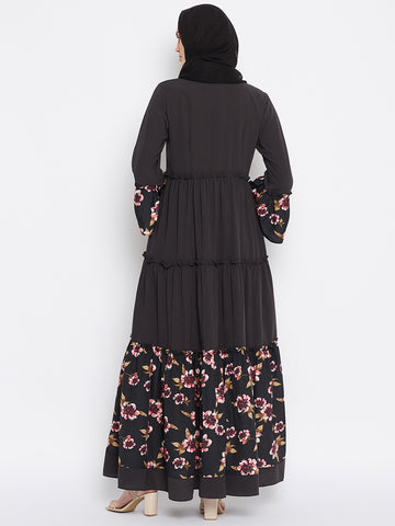 Nabia Women Black Solid & Floral Printed Nida Matte Frill Abaya With Georgette Scarf