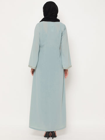 Nabia Sea Green Nida Matte Fabric Embroidery Work Women Abaya With Georgette Scarf