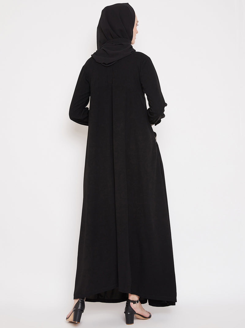 Nabia  Women Black Pocket Embroidery Nida Matte Fabric  Abaya with Georgette Scarf
