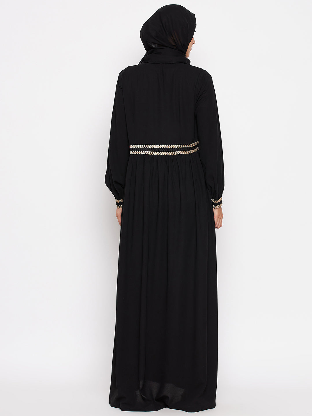 Nabia Women Black Embroidery Nida Matte Long Sleeves Abaya With Georgette Scarf