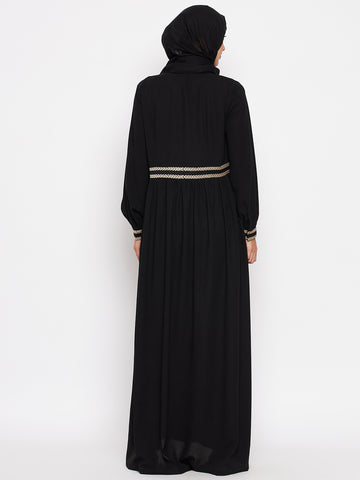 Nabia Women Black Embroidery Nida Matte Long Sleeves Abaya With Georgette Scarf