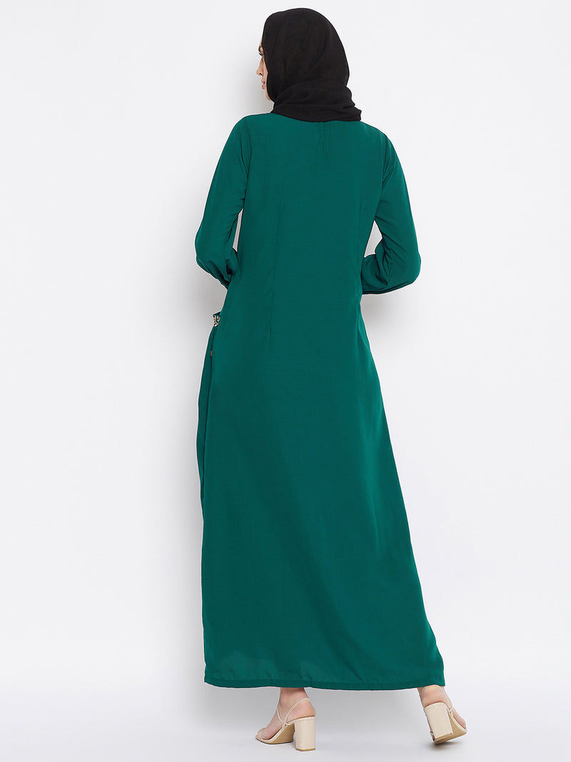 Nabia Women Bottle Green Pocket Embroidery Nida Matte Fabric Abaya with Georgette Scarf