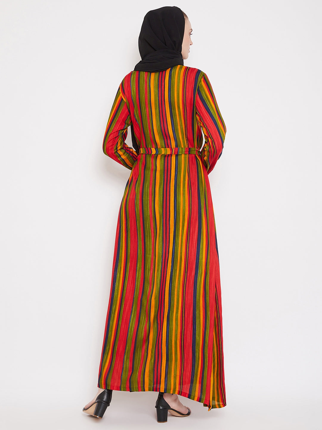 Nabia Women Multi Striped Fabric Rayon Front Open Abaya With Georgette Scarf