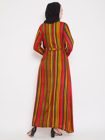 Nabia Women Multi Striped Fabric Rayon Front Open Abaya With Georgette Scarf