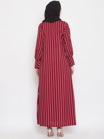Nabia Women Maroon Front Open Striped Abaya With Georgette Scarf