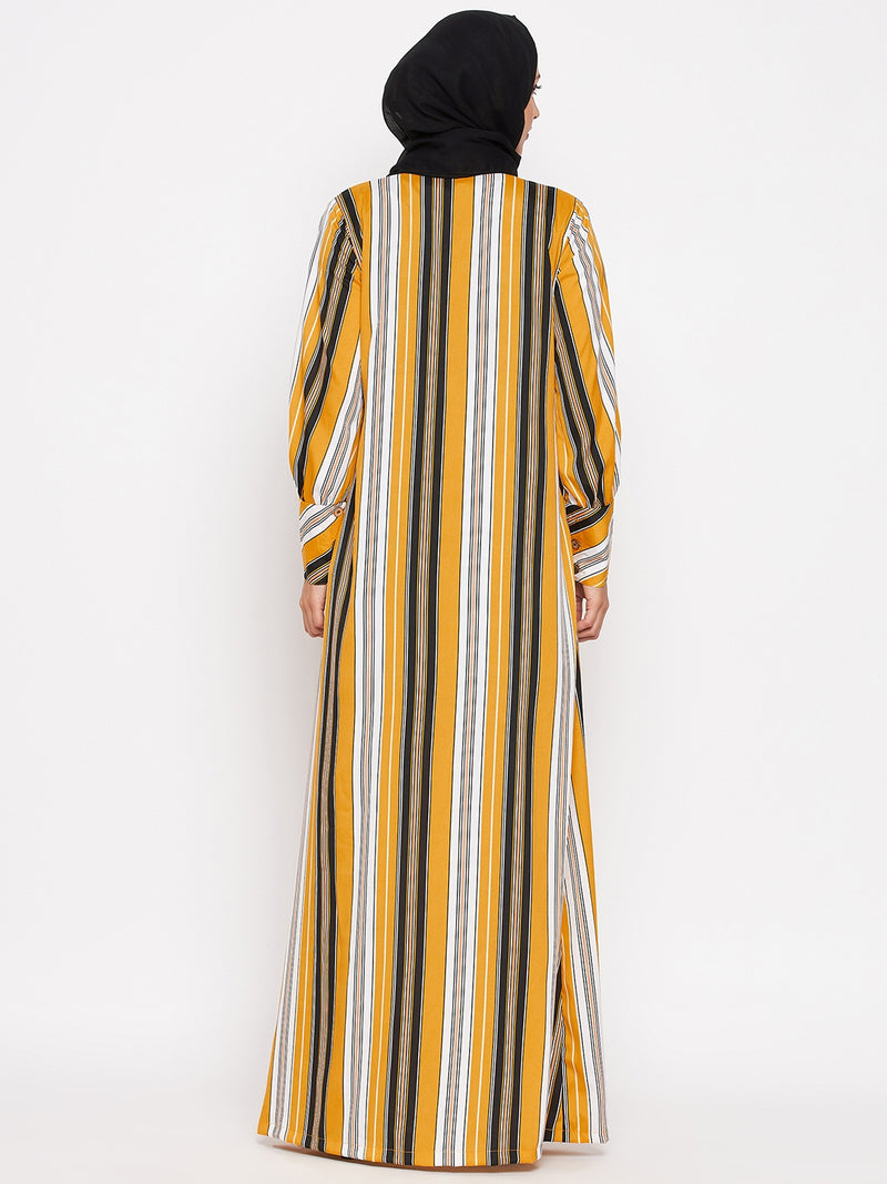 Nabia Women Yellow And Beige Front Open Striped Abaya With Georgette Scarf