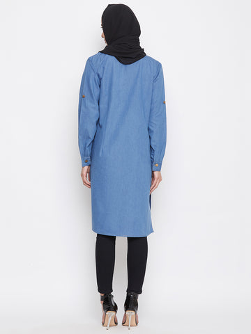 Nabia Women Blue Denim Cotton Tunic Abaya with Georgette Scarf