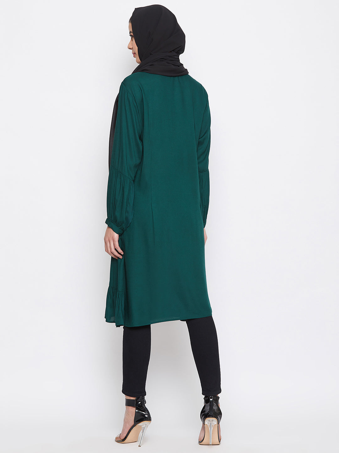 Nabia Women Bottle Green Tie-up neck Rayon Fabric Tunic Abaya with Georgette Scarf