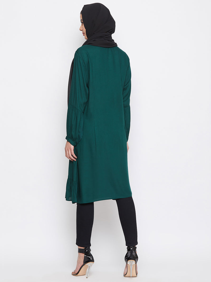 Nabia Women Bottle Green Tie-up neck Rayon Fabric Tunic Abaya with Georgette Scarf