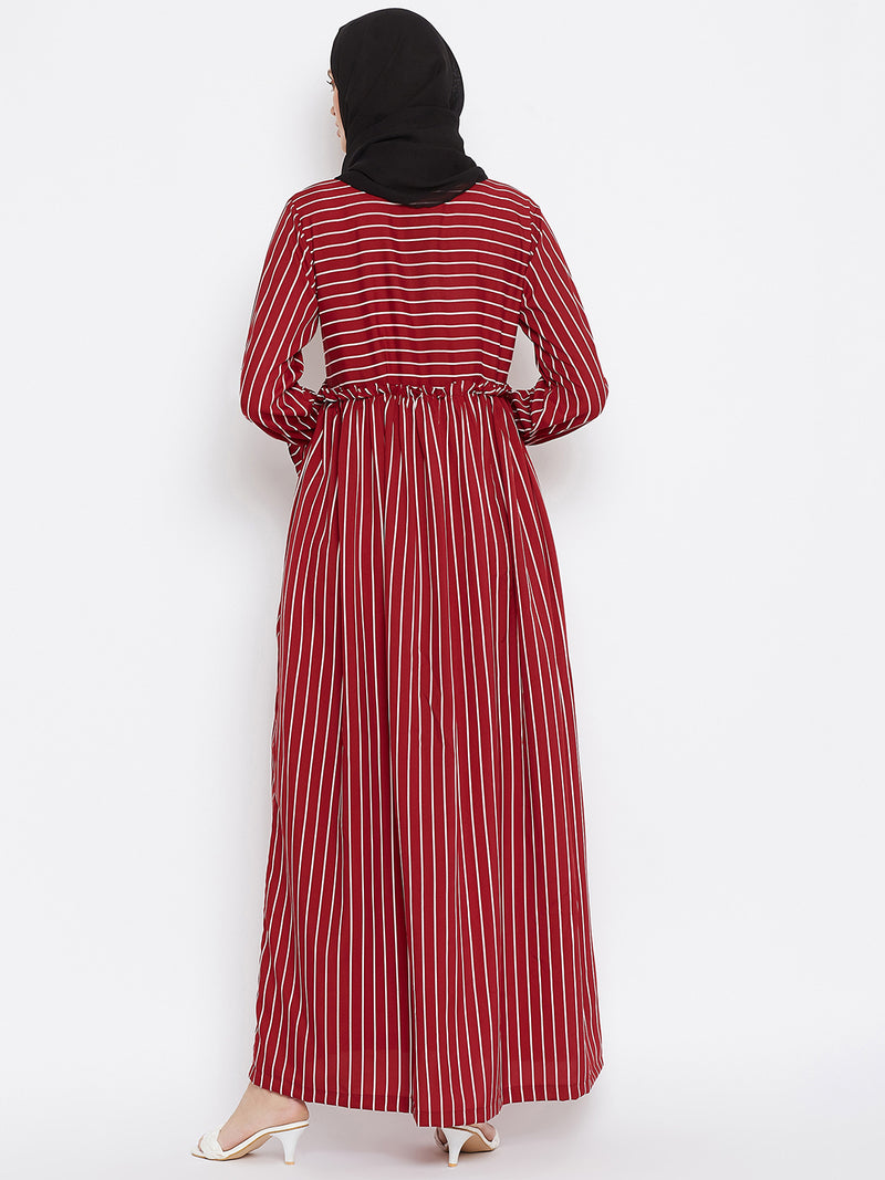 Nabia Women Maroon Solid Stripe Crepe Abaya Dress With Georgette Scarf