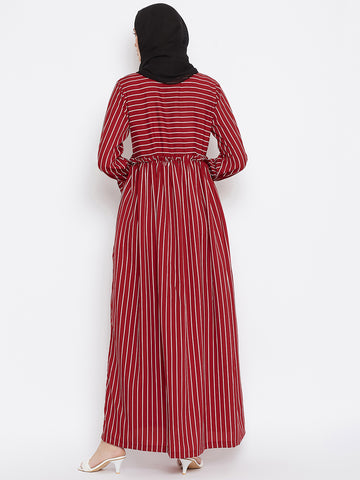 Nabia Women Maroon Solid Stripe Crepe Abaya Dress With Georgette Scarf