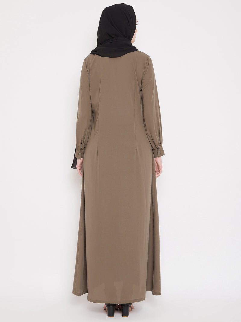 Nabia Women Oat Solid Front Open Abaya With Georgette Scarf