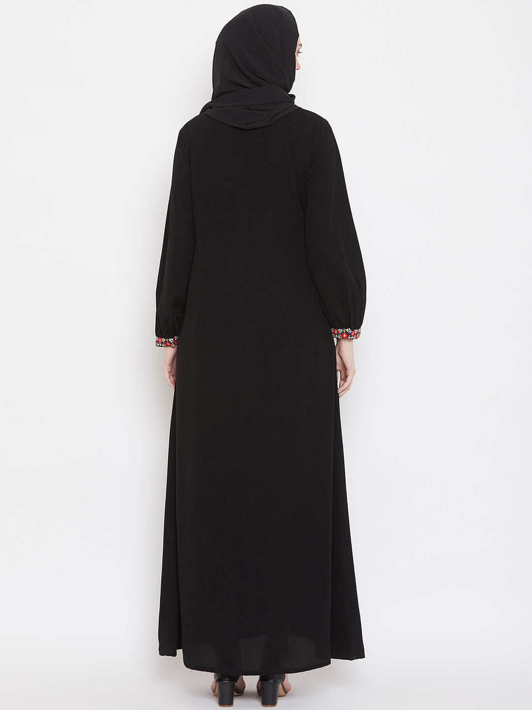 Nabia Women  Black Chikan Hand Embroidery Nida Matte Fabric  Abaya with Georgette Scarf