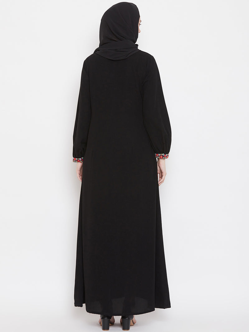Nabia Women  Black Chikan Hand Embroidery Nida Matte Fabric  Abaya with Georgette Scarf