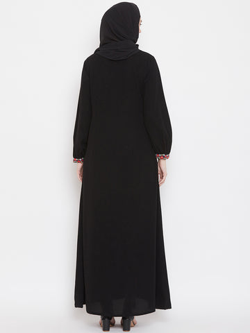Nabia Women  Black Chikan Hand Embroidery Nida Matte Fabric  Abaya with Georgette Scarf