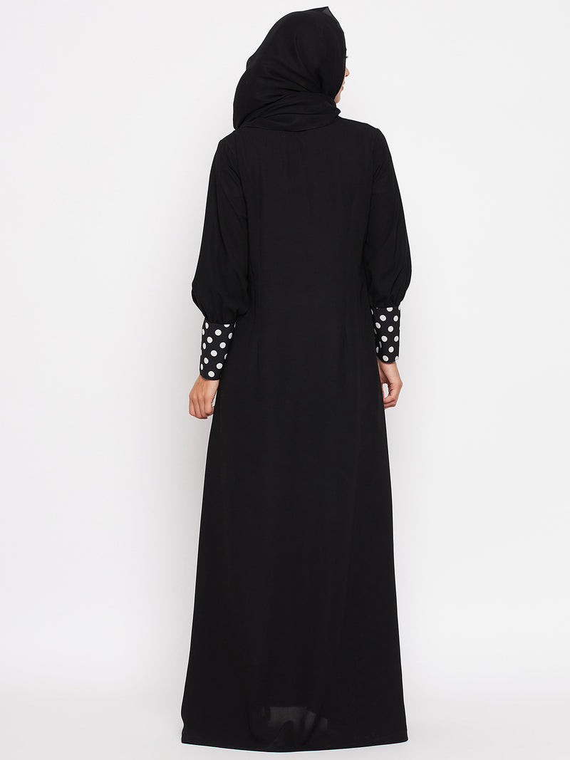 Nabia Women Black Polka Design Nida Matte Fabric Burqa With Georgette Scarf
