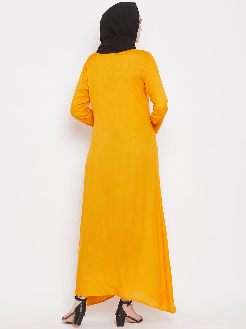 Nabia Women Yellow Rayon Front Open Abaya with Georgette Scarf