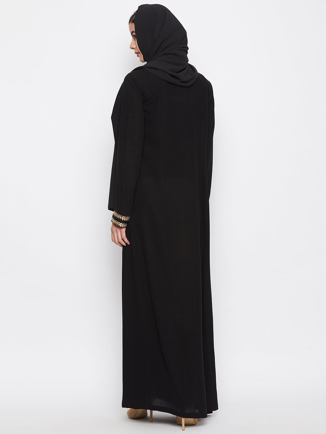 Nabia Women Black Embroidery Nida Matte Fabric Abaya With Georgette Scarf