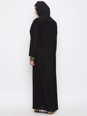 Nabia Women Black Embroidery Nida Matte Fabric Abaya With Georgette Scarf