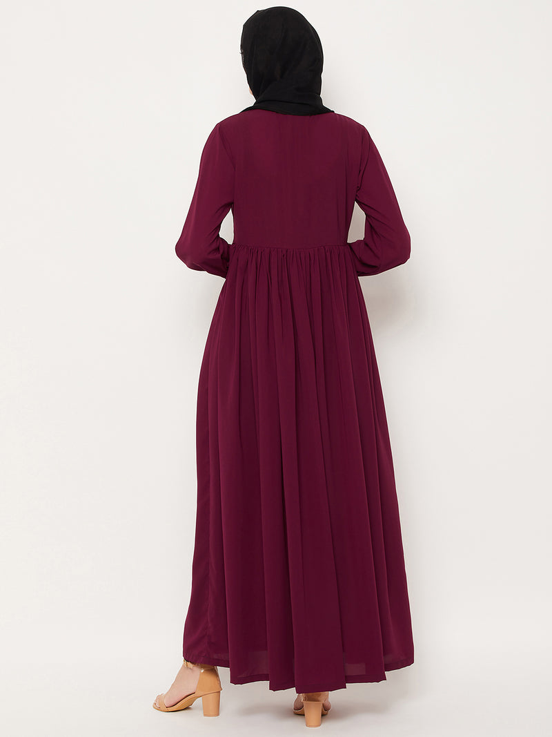 Nabia Maroon Lace Work Nida Matte Women Abaya With Georgette Scarf