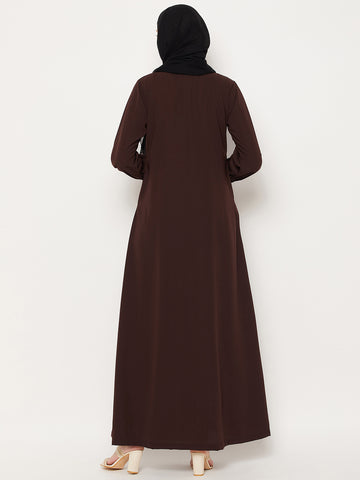 Nabia Brown Nida Mate Fabric Front Open Abaya With Georgette Scarf