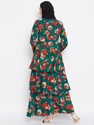 Nabia Women Bottle Green Floral Printed Crepe Three Frill Abaya Dress With Georgette Scarf